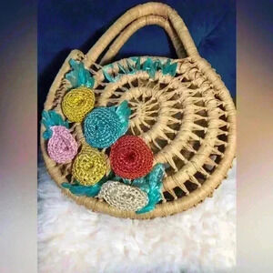 Women Fashion Multicolor Artificial Flower Straw Beach Bag Handmade🔥🔥🔥🔥🔥